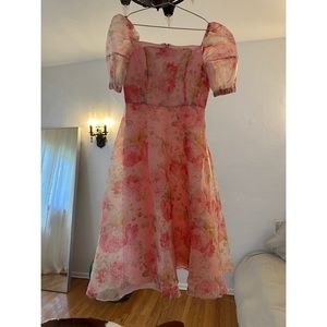 Pink organza floral puff sleeve summer dress size S BNWT